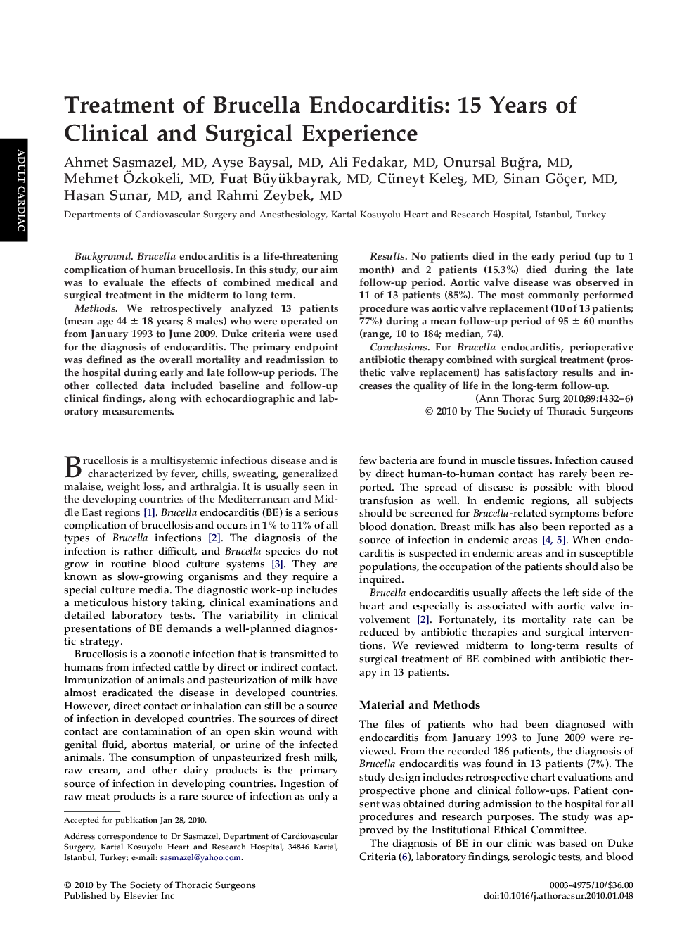 Treatment of Brucella Endocarditis: 15 Years of Clinical and Surgical Experience