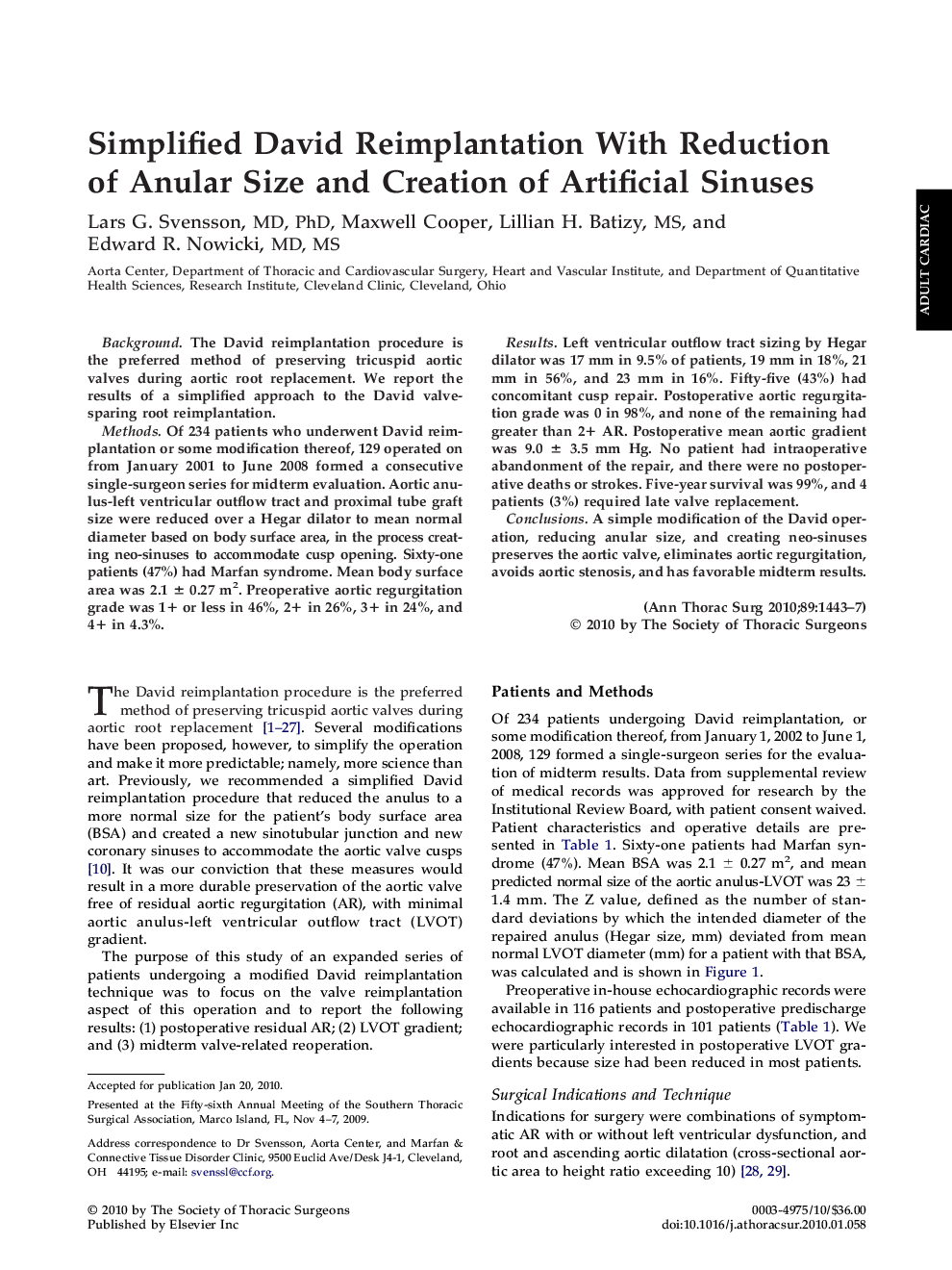 Simplified David Reimplantation With Reduction of Anular Size and Creation of Artificial Sinuses