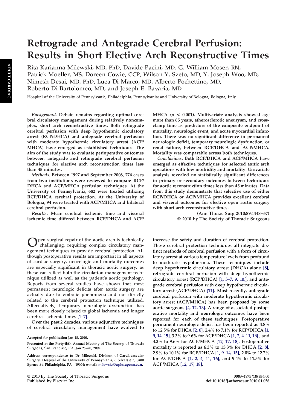 Retrograde and Antegrade Cerebral Perfusion: Results in Short Elective Arch Reconstructive Times