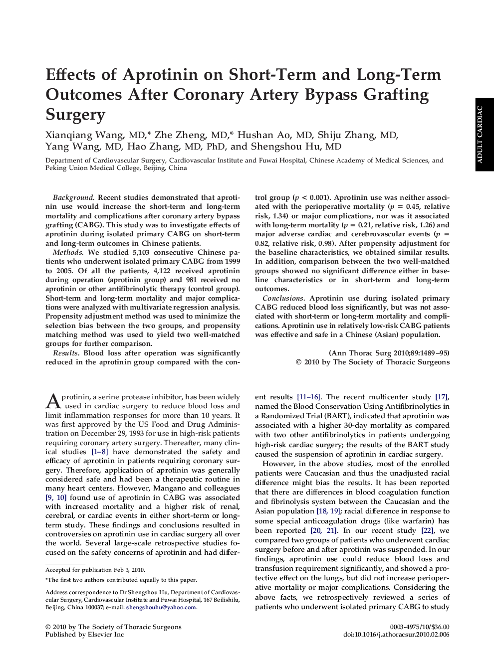 Effects of Aprotinin on Short-Term and Long-Term Outcomes After Coronary Artery Bypass Grafting Surgery