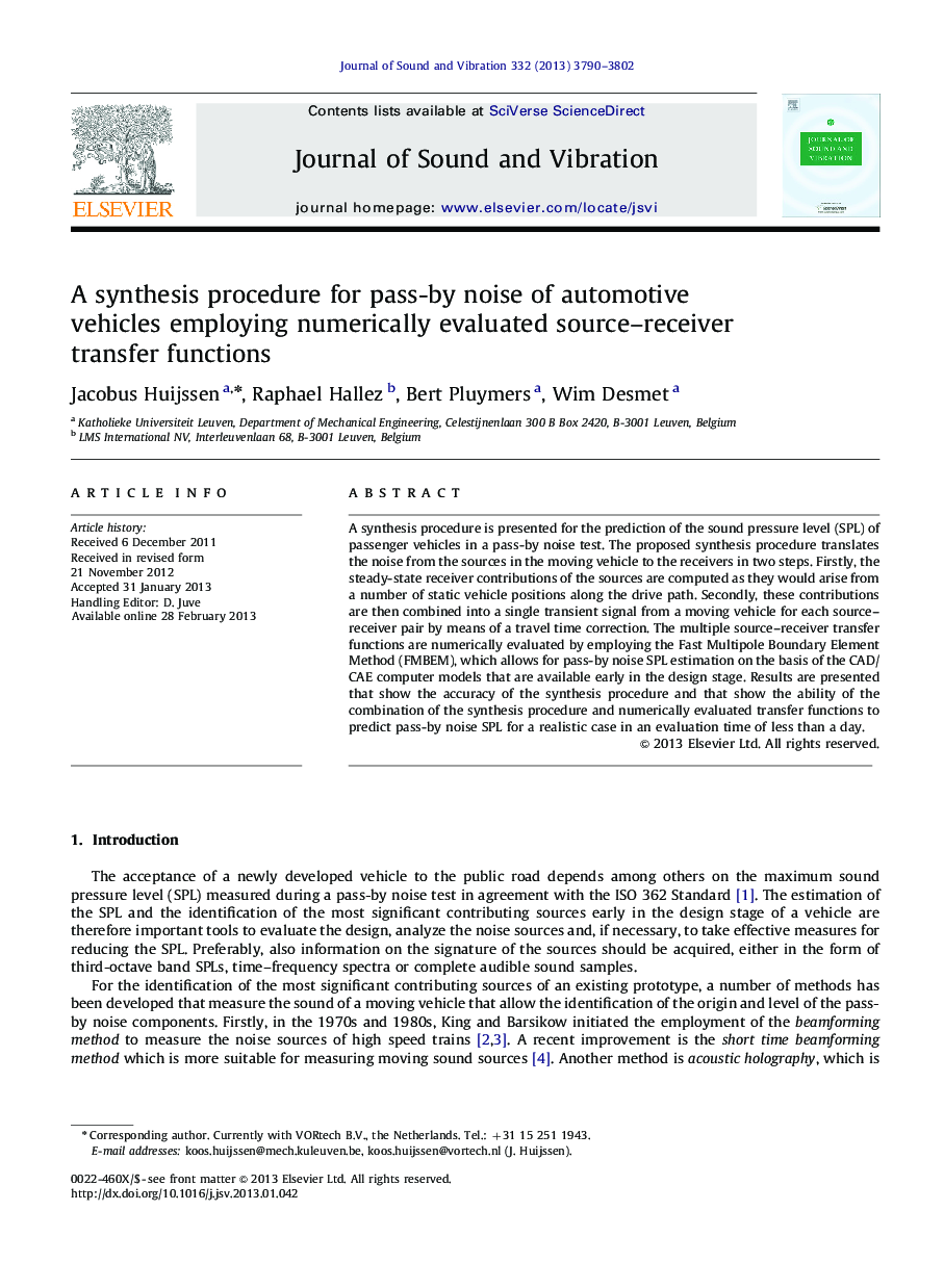 A synthesis procedure for pass-by noise of automotive vehicles employing numerically evaluated source–receiver transfer functions