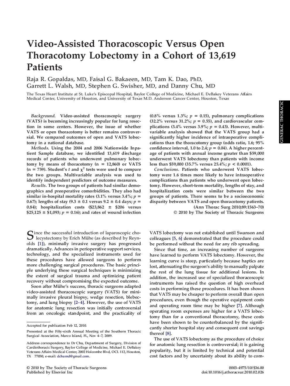 Video-Assisted Thoracoscopic Versus Open Thoracotomy Lobectomy in a Cohort of 13,619 Patients