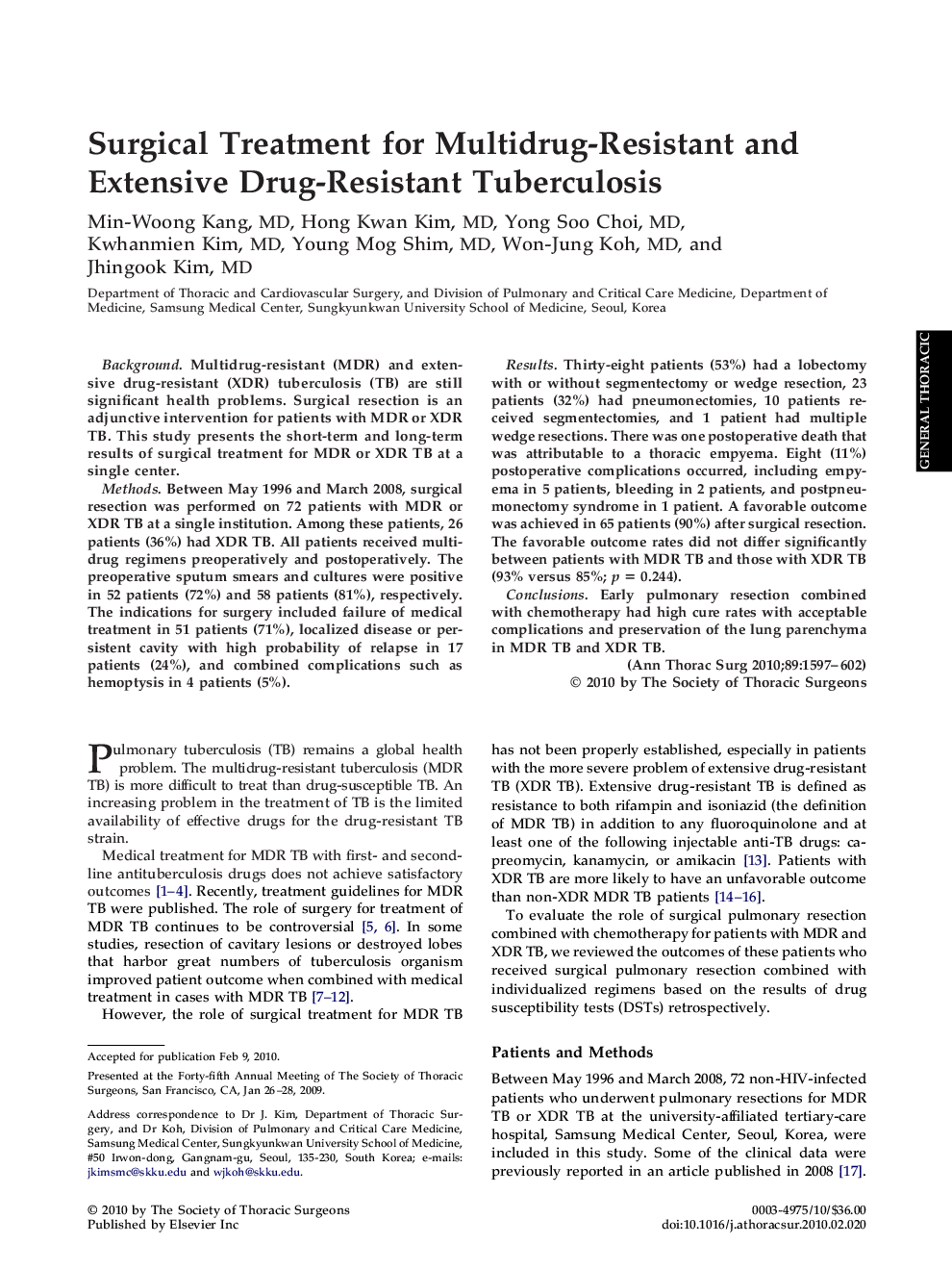 Surgical Treatment for Multidrug-Resistant and Extensive Drug-Resistant Tuberculosis