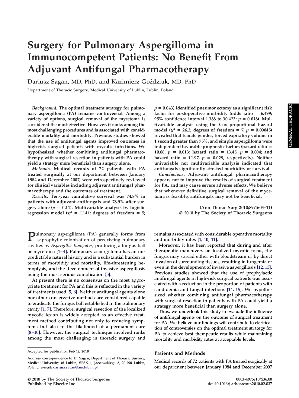 Surgery for Pulmonary Aspergilloma in Immunocompetent Patients: No Benefit From Adjuvant Antifungal Pharmacotherapy
