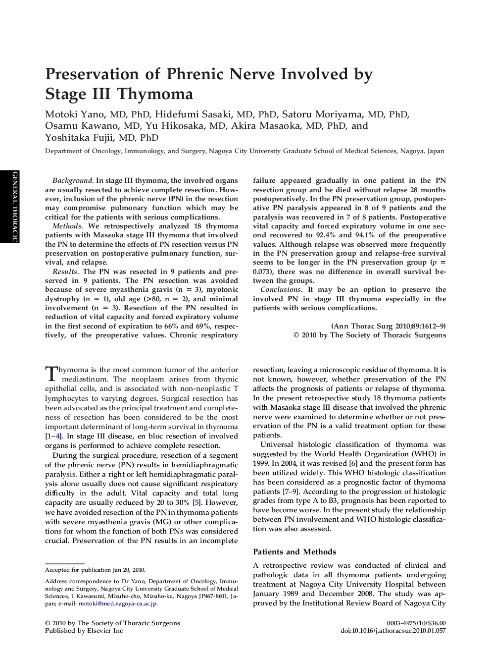 Preservation of Phrenic Nerve Involved by Stage III Thymoma