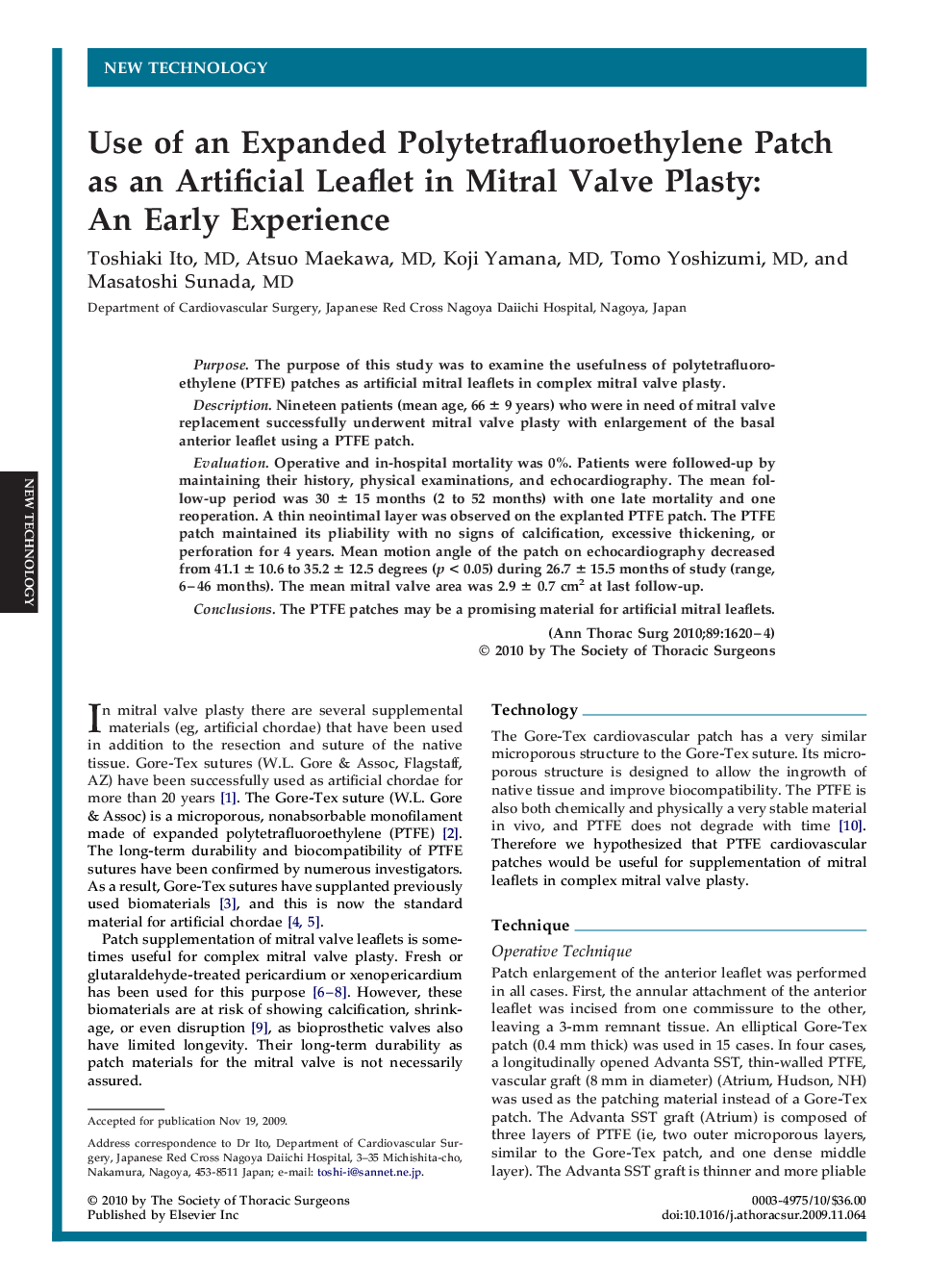 Use of an Expanded Polytetrafluoroethylene Patch as an Artificial Leaflet in Mitral Valve Plasty: An Early Experience