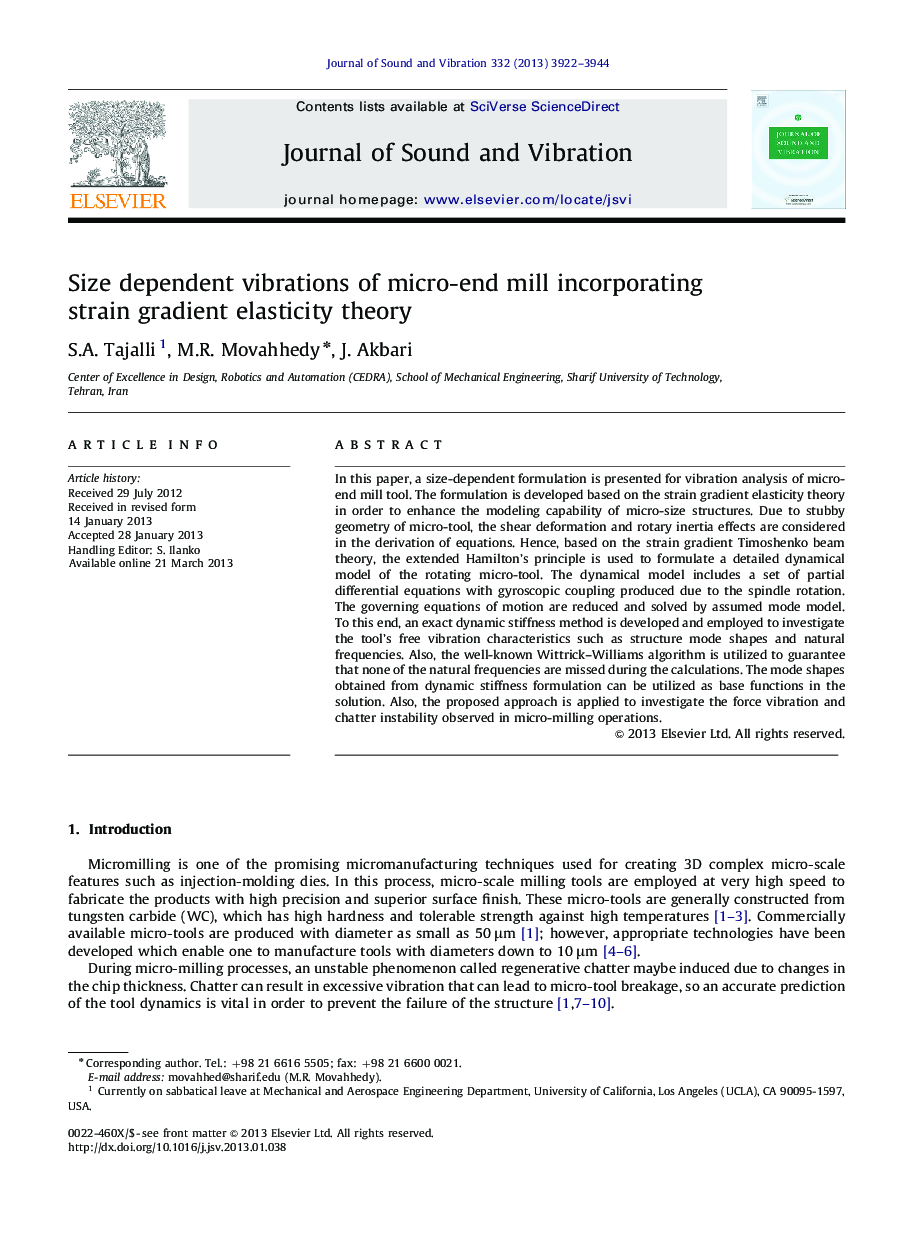 Size dependent vibrations of micro-end mill incorporating strain gradient elasticity theory