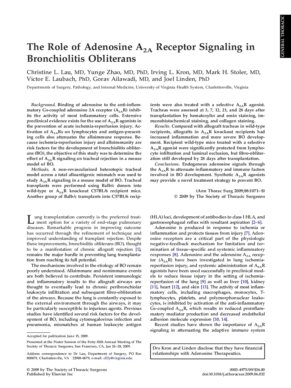 The Role of Adenosine A2A Receptor Signaling in Bronchiolitis Obliterans