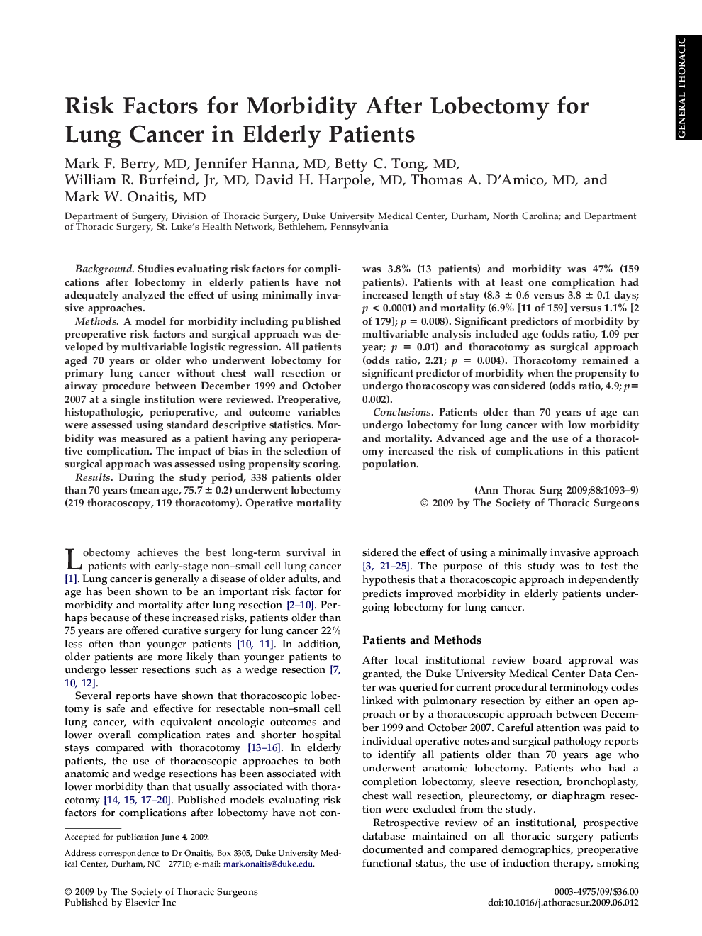 Risk Factors for Morbidity After Lobectomy for Lung Cancer in Elderly Patients