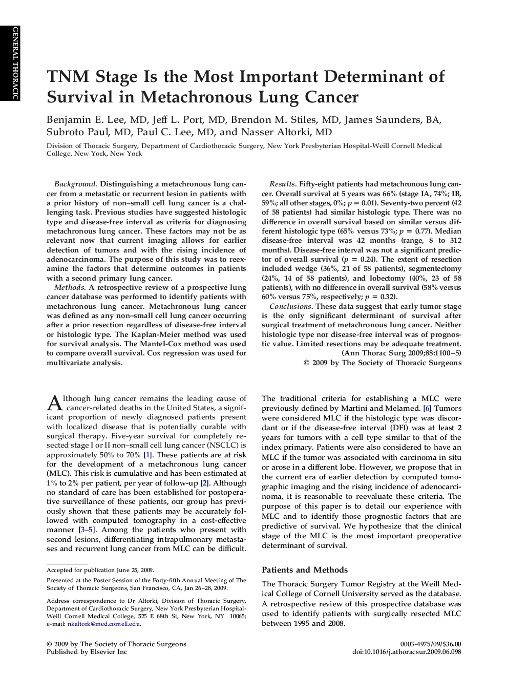 TNM Stage Is the Most Important Determinant of Survival in Metachronous Lung Cancer
