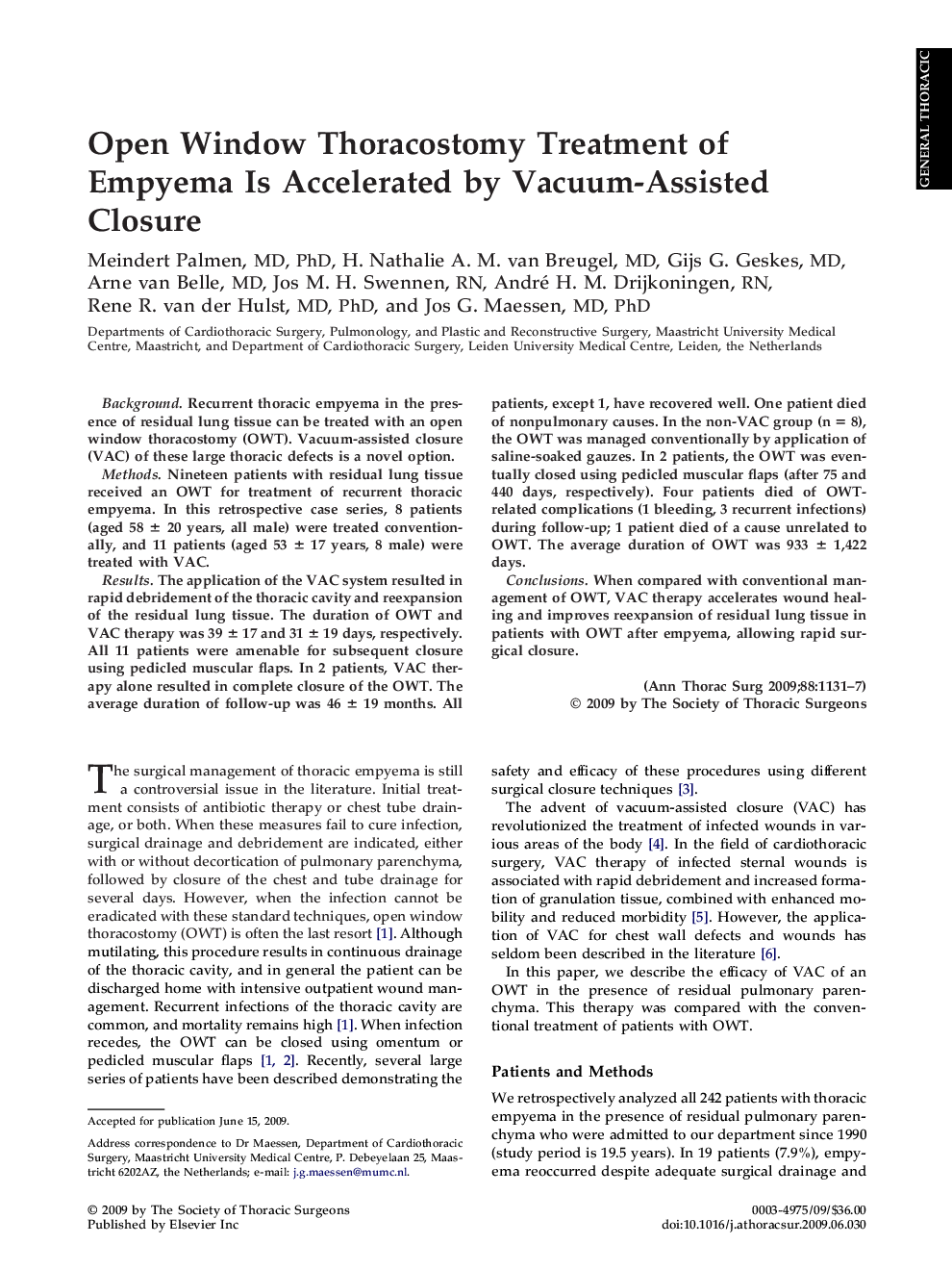 Open Window Thoracostomy Treatment of Empyema Is Accelerated by Vacuum-Assisted Closure