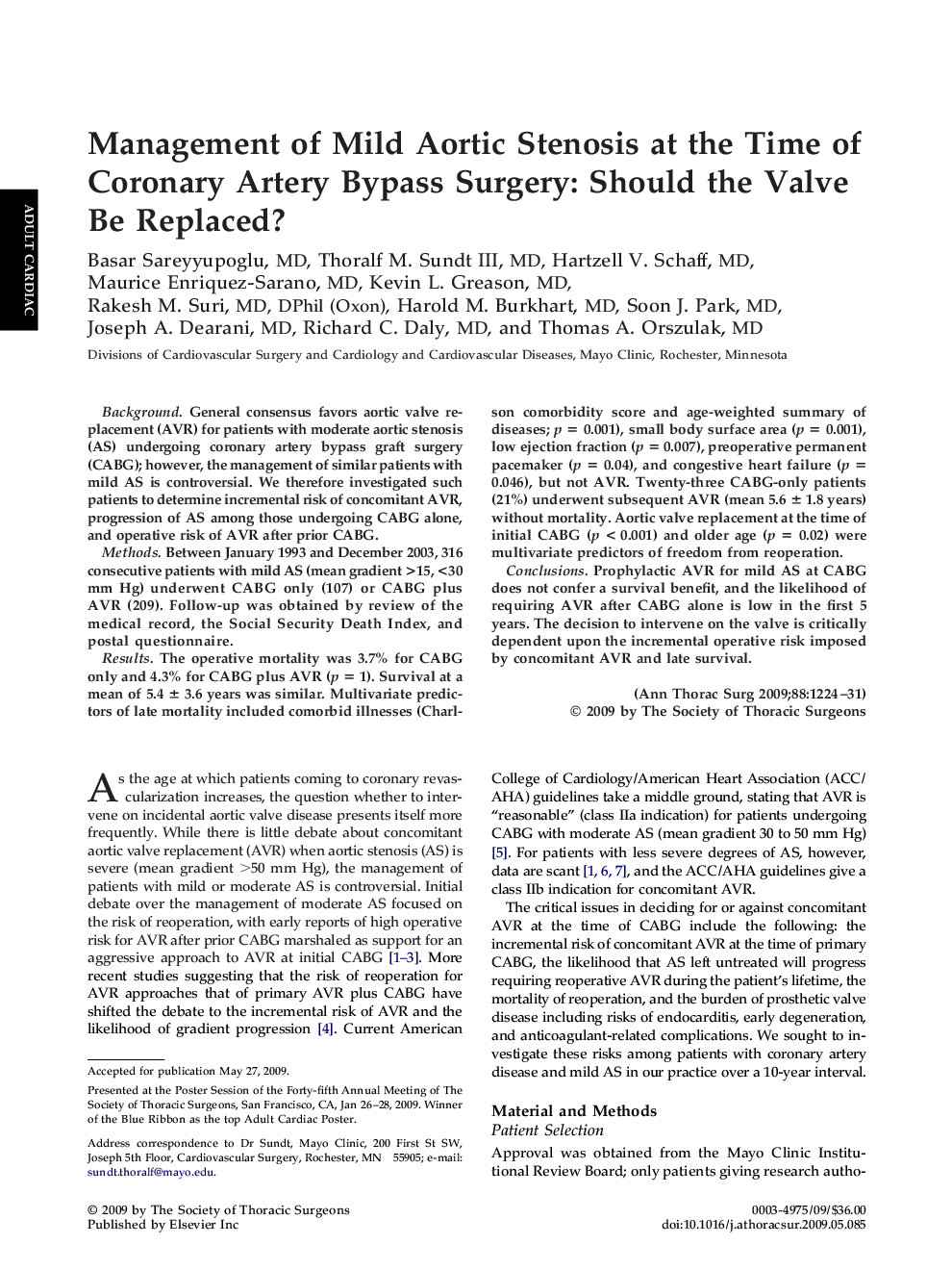 Management of Mild Aortic Stenosis at the Time of Coronary Artery Bypass Surgery: Should the Valve Be Replaced?