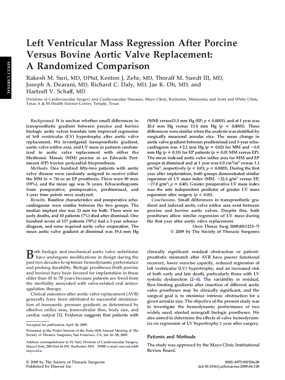 Left Ventricular Mass Regression After Porcine Versus Bovine Aortic Valve Replacement: A Randomized Comparison
