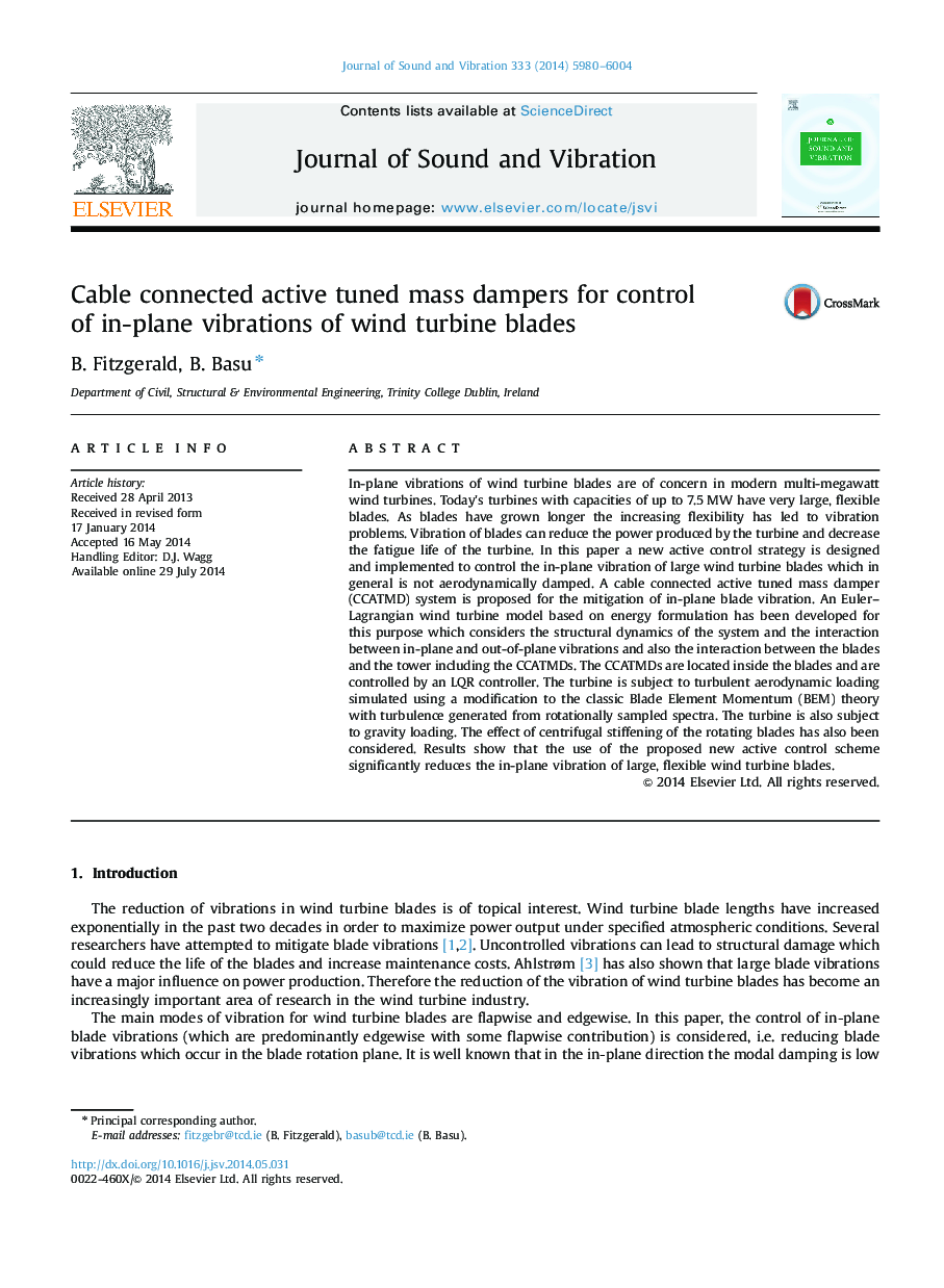 Cable connected active tuned mass dampers for control of in-plane vibrations of wind turbine blades