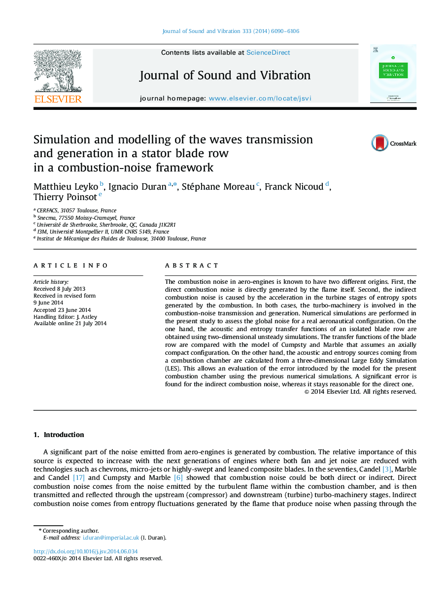 Simulation and modelling of the waves transmission and generation in a stator blade row in a combustion-noise framework