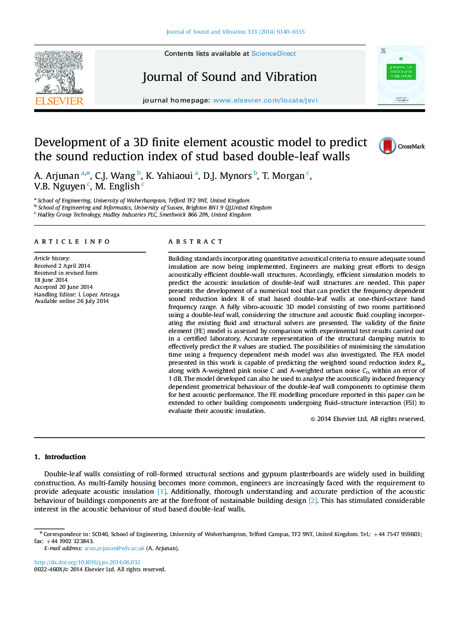 Development of a 3D finite element acoustic model to predict the sound reduction index of stud based double-leaf walls