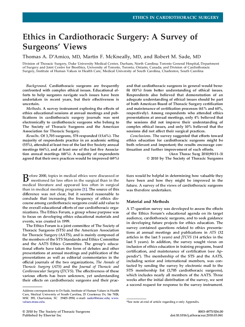 Ethics in Cardiothoracic Surgery: A Survey of Surgeons' Views