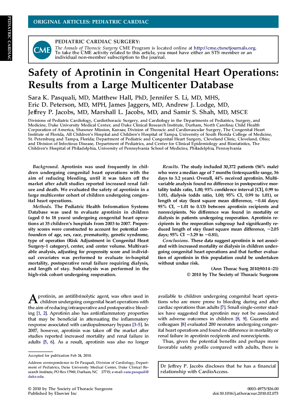 Safety of Aprotinin in Congenital Heart Operations: Results from a Large Multicenter Database