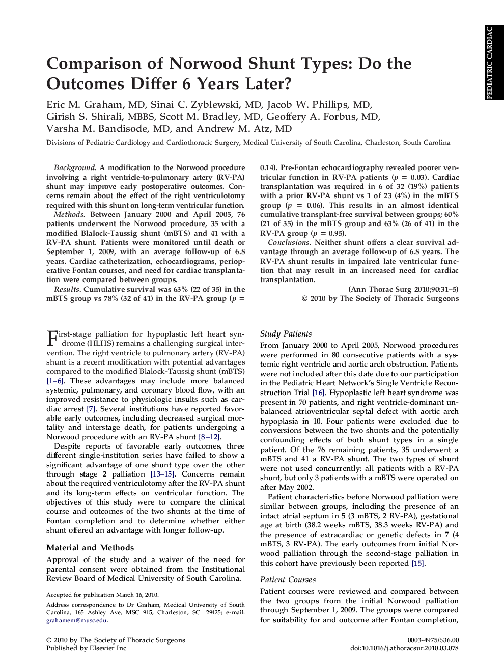 Comparison of Norwood Shunt Types: Do the Outcomes Differ 6 Years Later?