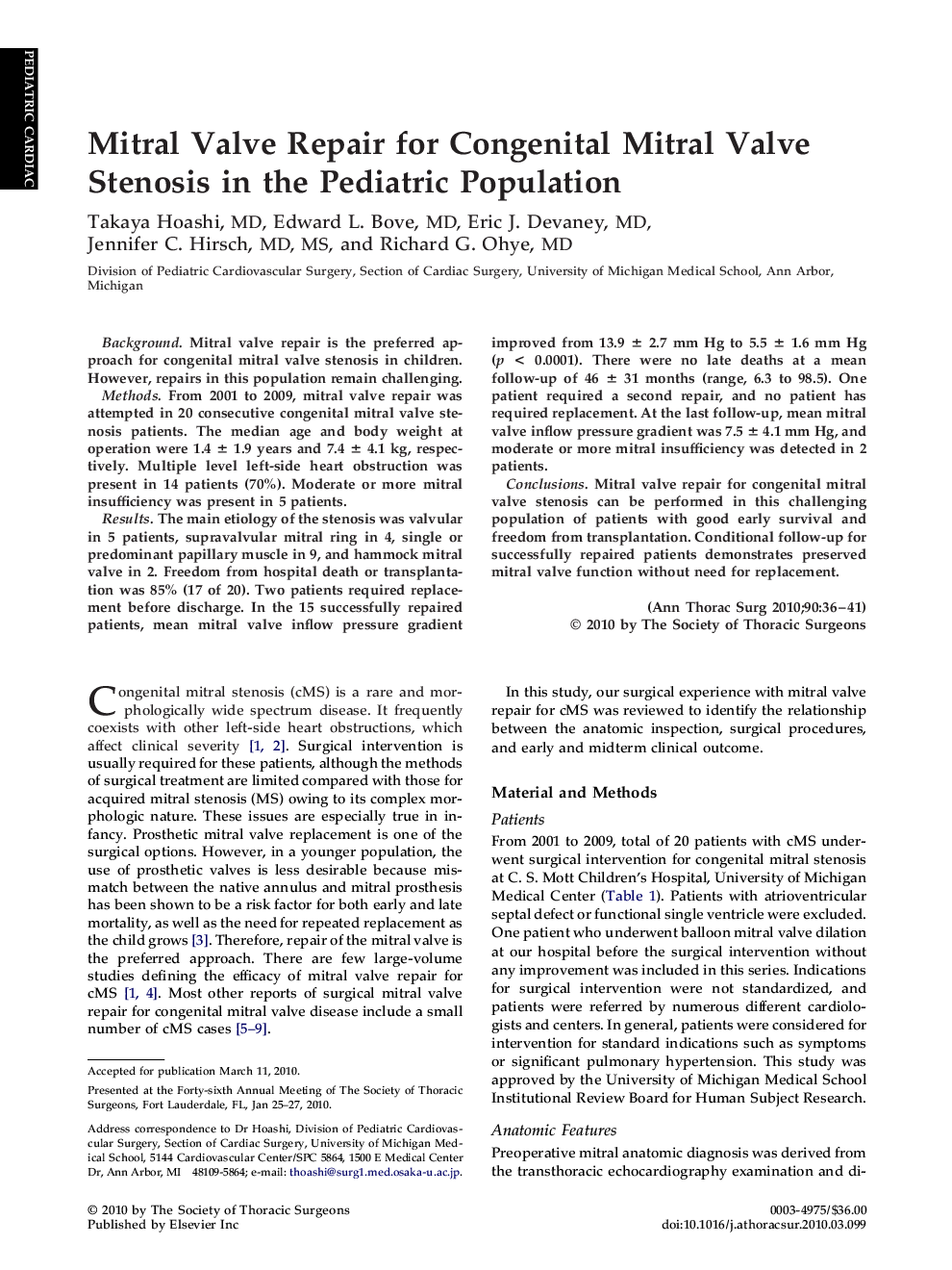 Mitral Valve Repair for Congenital Mitral Valve Stenosis in the Pediatric Population
