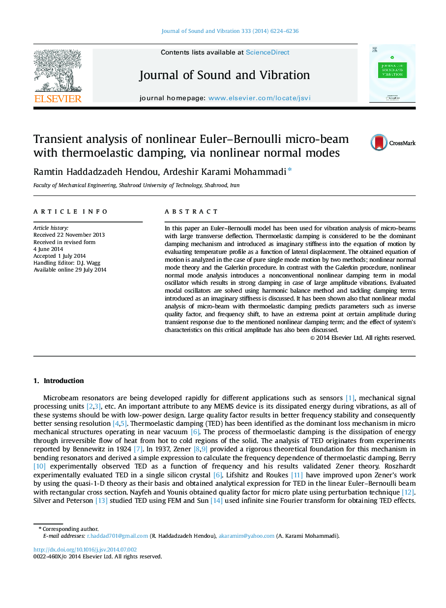 Transient analysis of nonlinear Euler–Bernoulli micro-beam with thermoelastic damping, via nonlinear normal modes