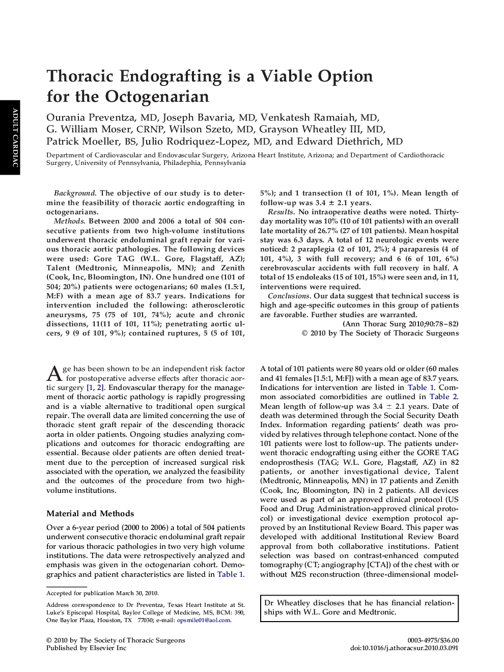 Thoracic Endografting is a Viable Option for the Octogenarian