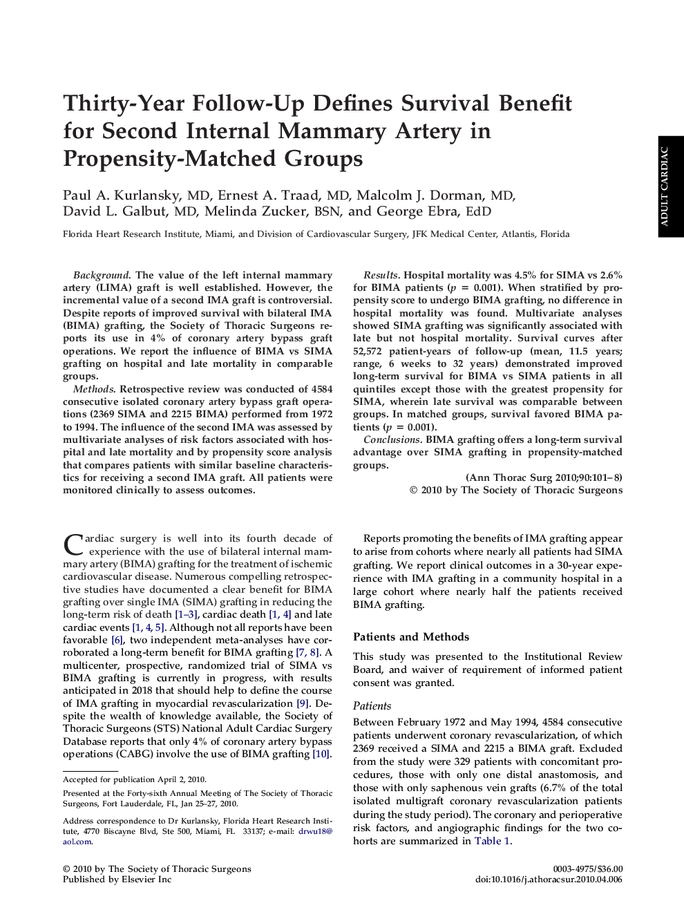 Thirty-Year Follow-Up Defines Survival Benefit for Second Internal Mammary Artery in Propensity-Matched Groups
