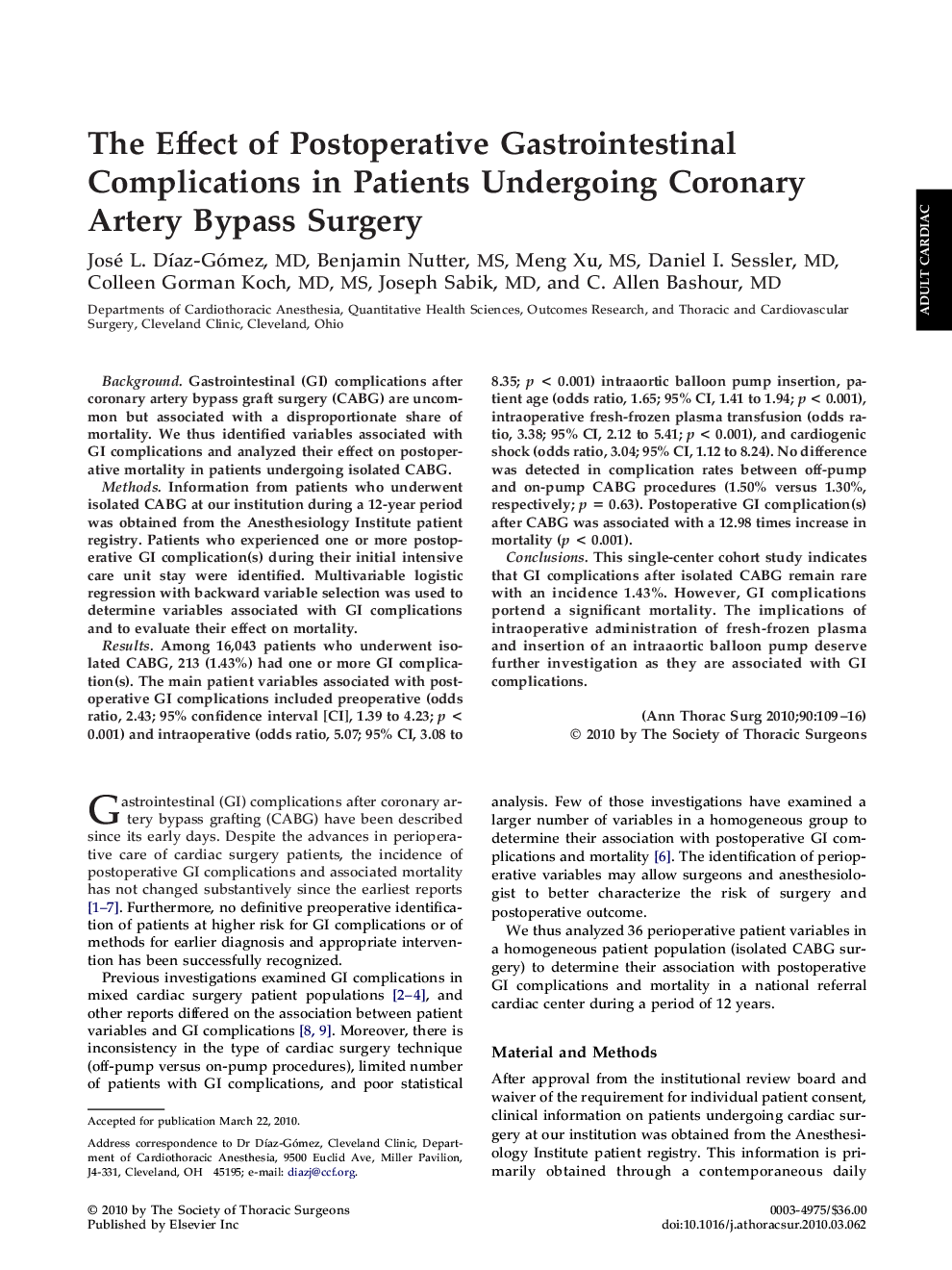 The Effect of Postoperative Gastrointestinal Complications in Patients Undergoing Coronary Artery Bypass Surgery