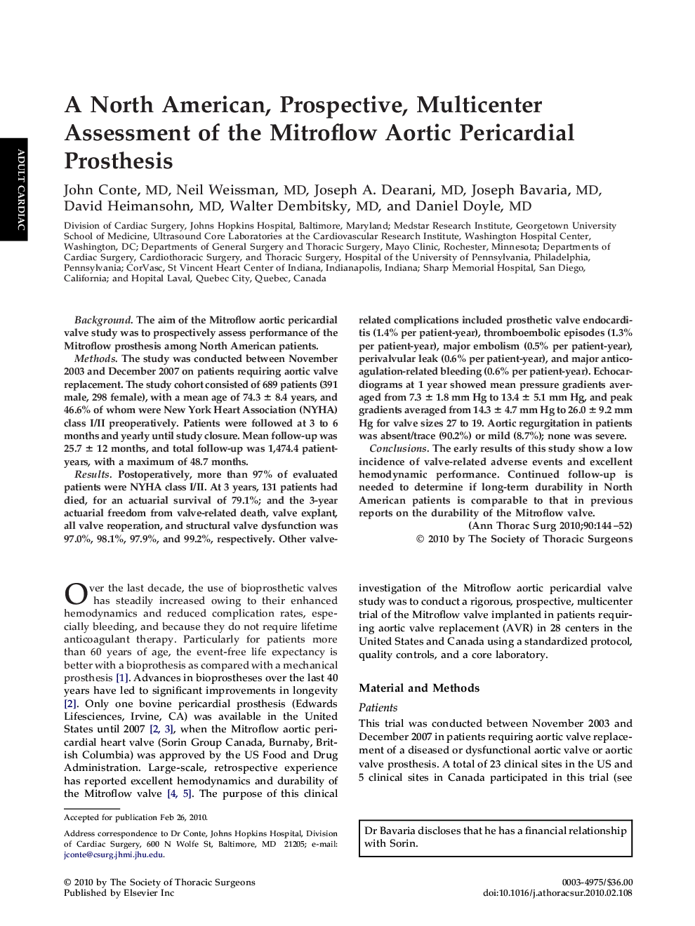 A North American, Prospective, Multicenter Assessment of the Mitroflow Aortic Pericardial Prosthesis