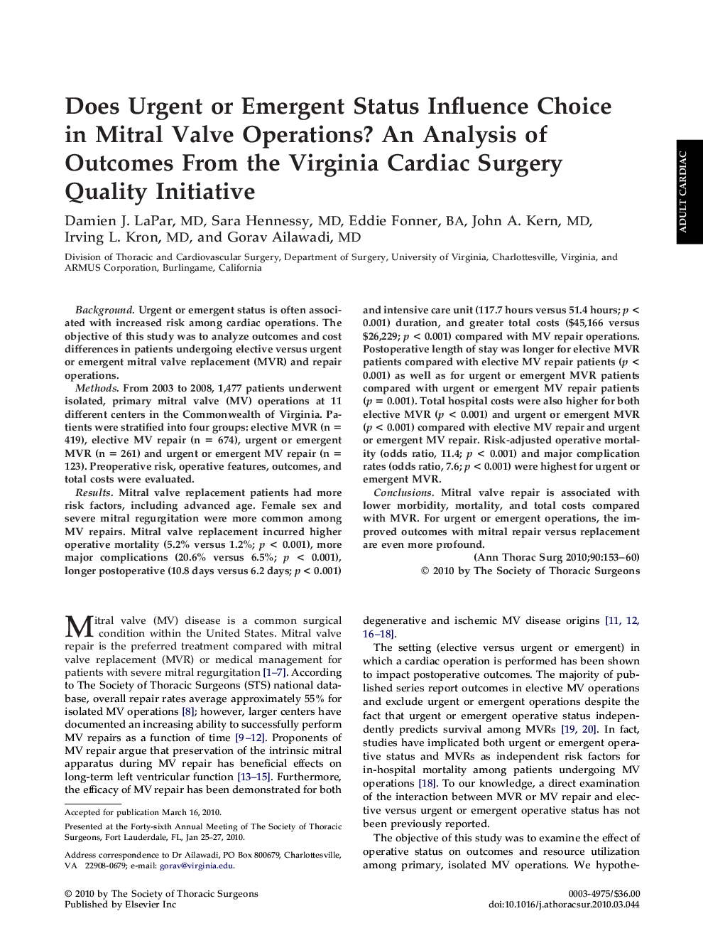 Does Urgent or Emergent Status Influence Choice in Mitral Valve Operations? An Analysis of Outcomes From the Virginia Cardiac Surgery Quality Initiative