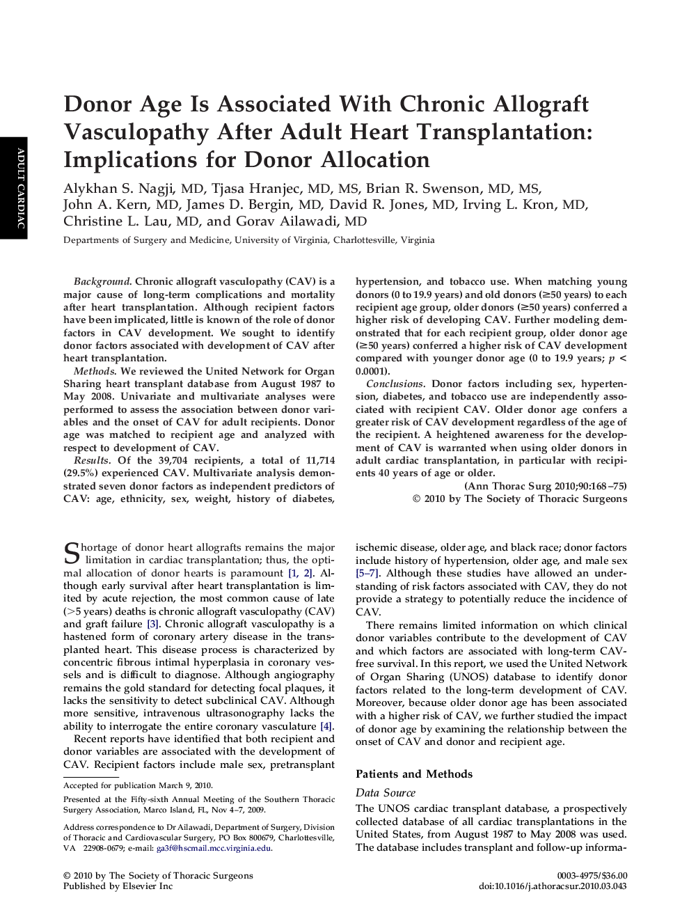 Donor Age Is Associated With Chronic Allograft Vasculopathy After Adult Heart Transplantation: Implications for Donor Allocation