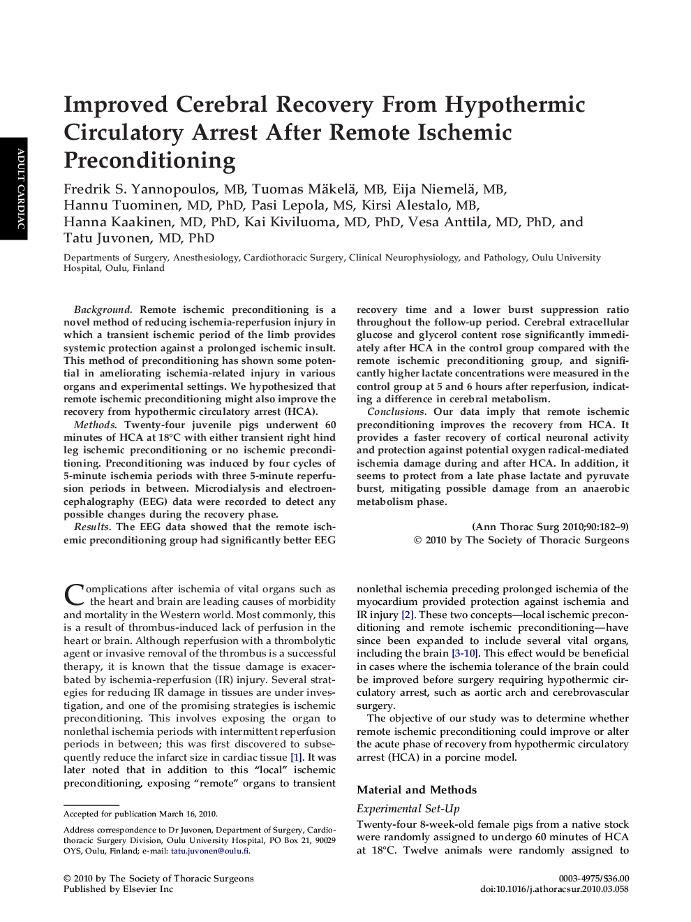 Improved Cerebral Recovery From Hypothermic Circulatory Arrest After Remote Ischemic Preconditioning