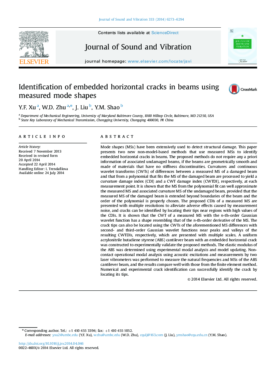 Identification of embedded horizontal cracks in beams using measured mode shapes