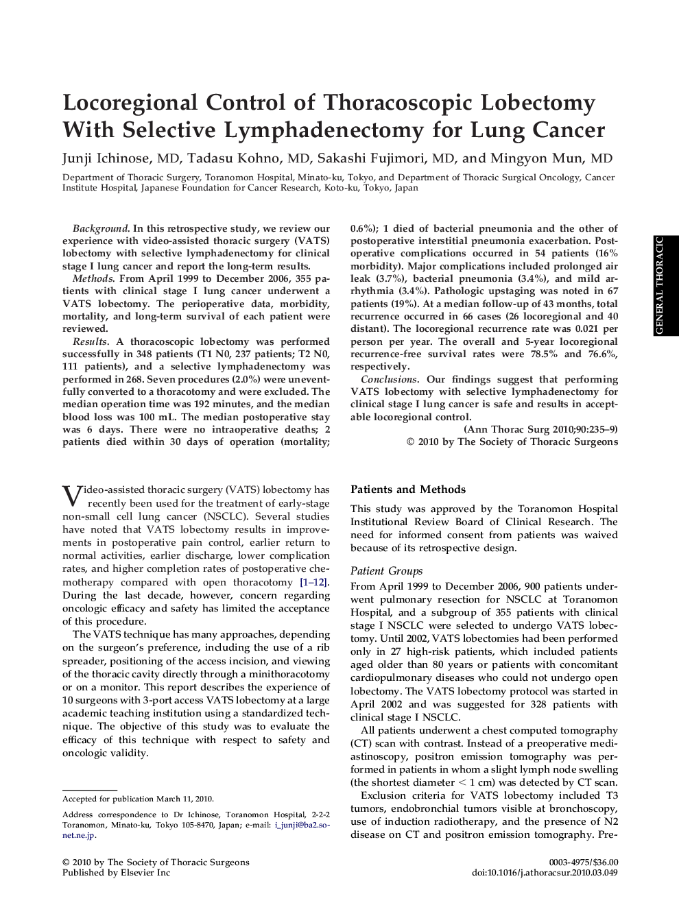 Locoregional Control of Thoracoscopic Lobectomy With Selective Lymphadenectomy for Lung Cancer