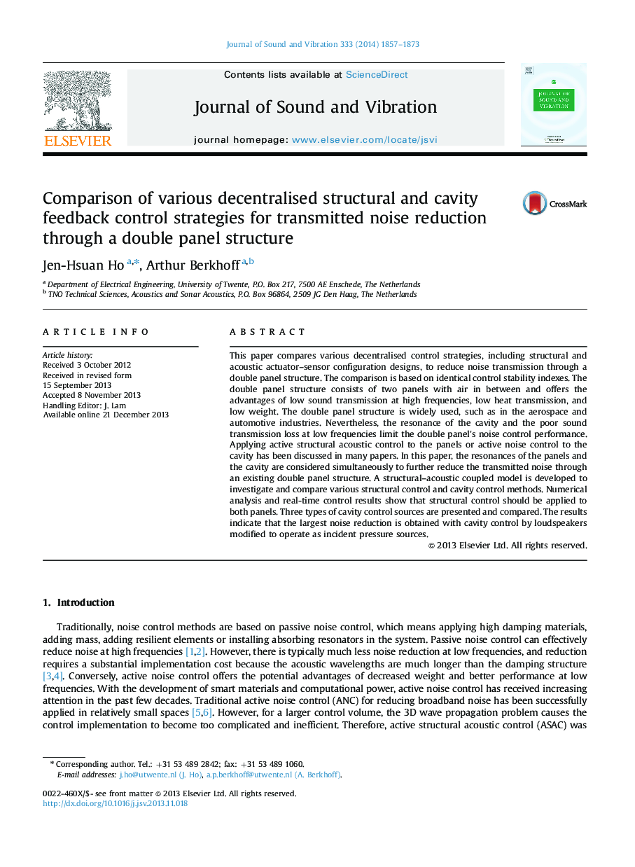 Comparison of various decentralised structural and cavity feedback control strategies for transmitted noise reduction through a double panel structure