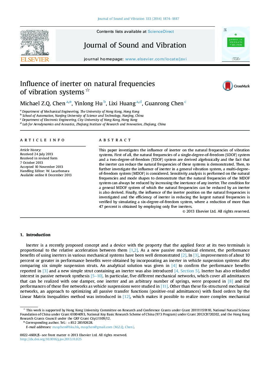 Influence of inerter on natural frequencies of vibration systems 
