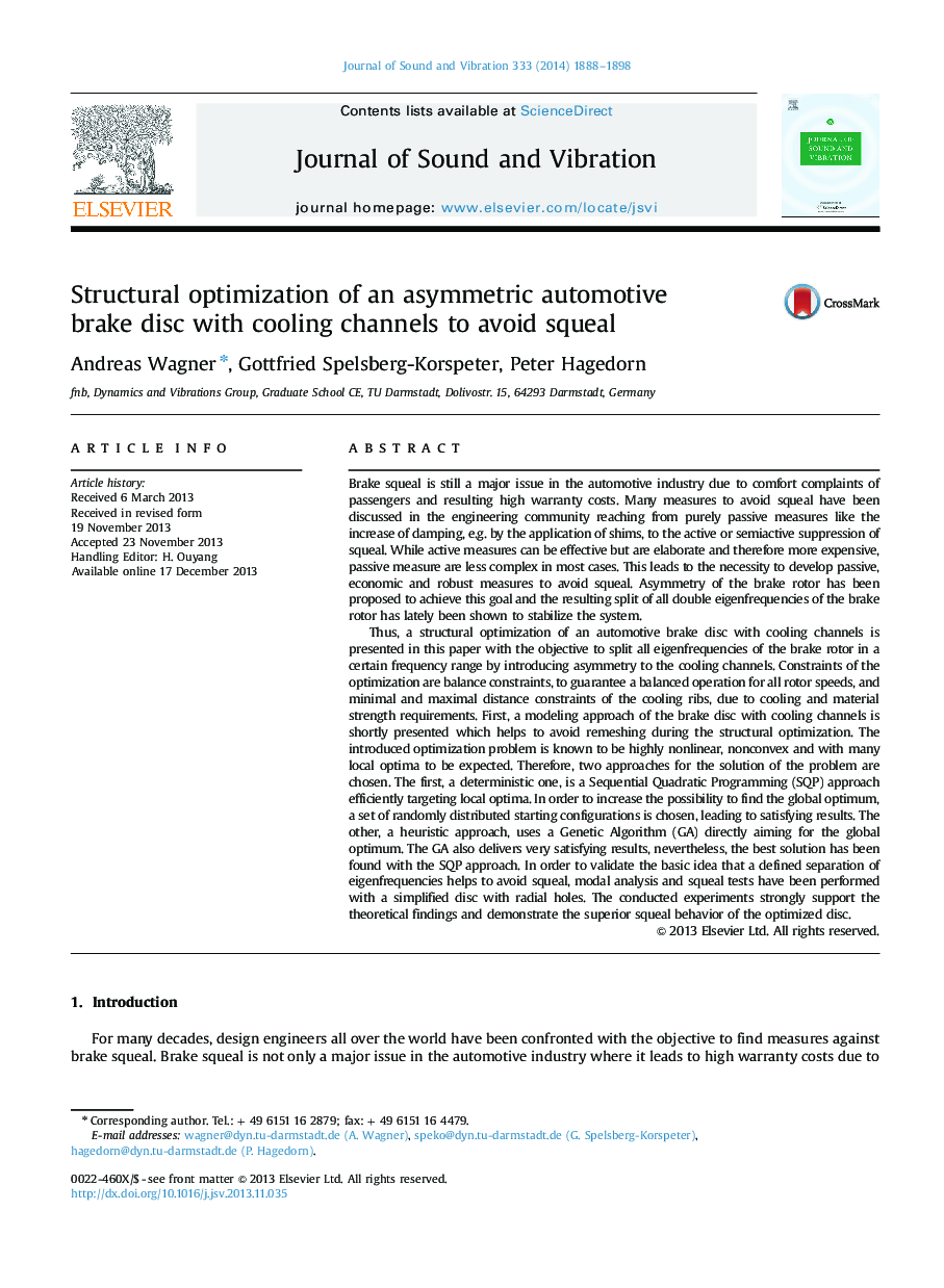 Structural optimization of an asymmetric automotive brake disc with cooling channels to avoid squeal