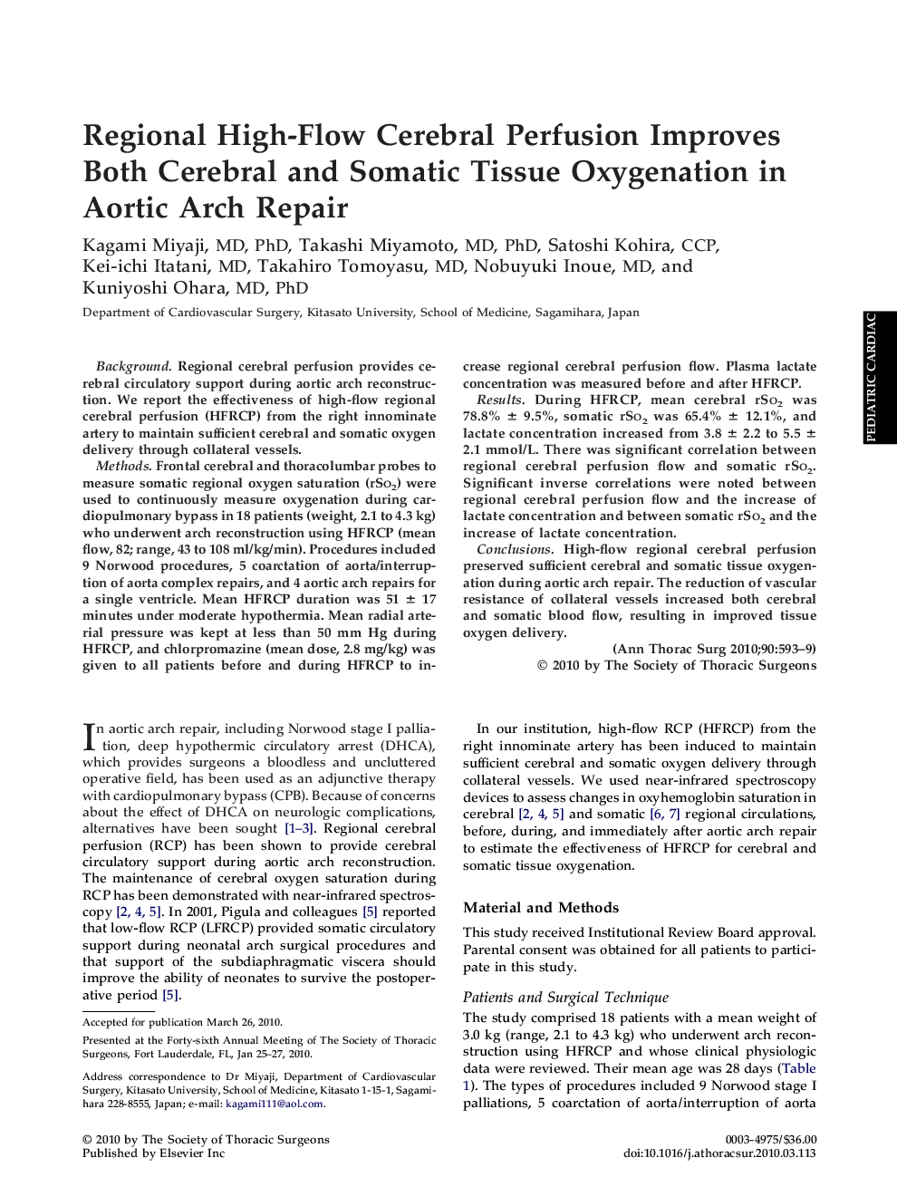 Regional High-Flow Cerebral Perfusion Improves Both Cerebral and Somatic Tissue Oxygenation in Aortic Arch Repair