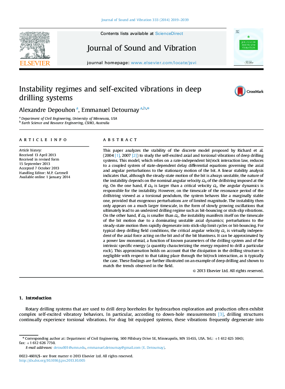 Instability regimes and self-excited vibrations in deep drilling systems