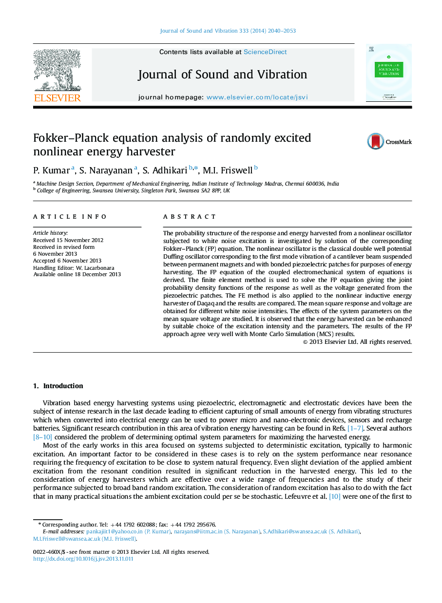 Fokker–Planck equation analysis of randomly excited nonlinear energy harvester
