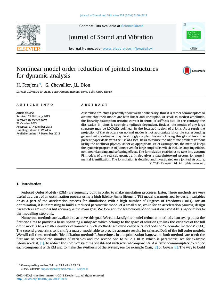 Nonlinear model order reduction of jointed structures for dynamic analysis