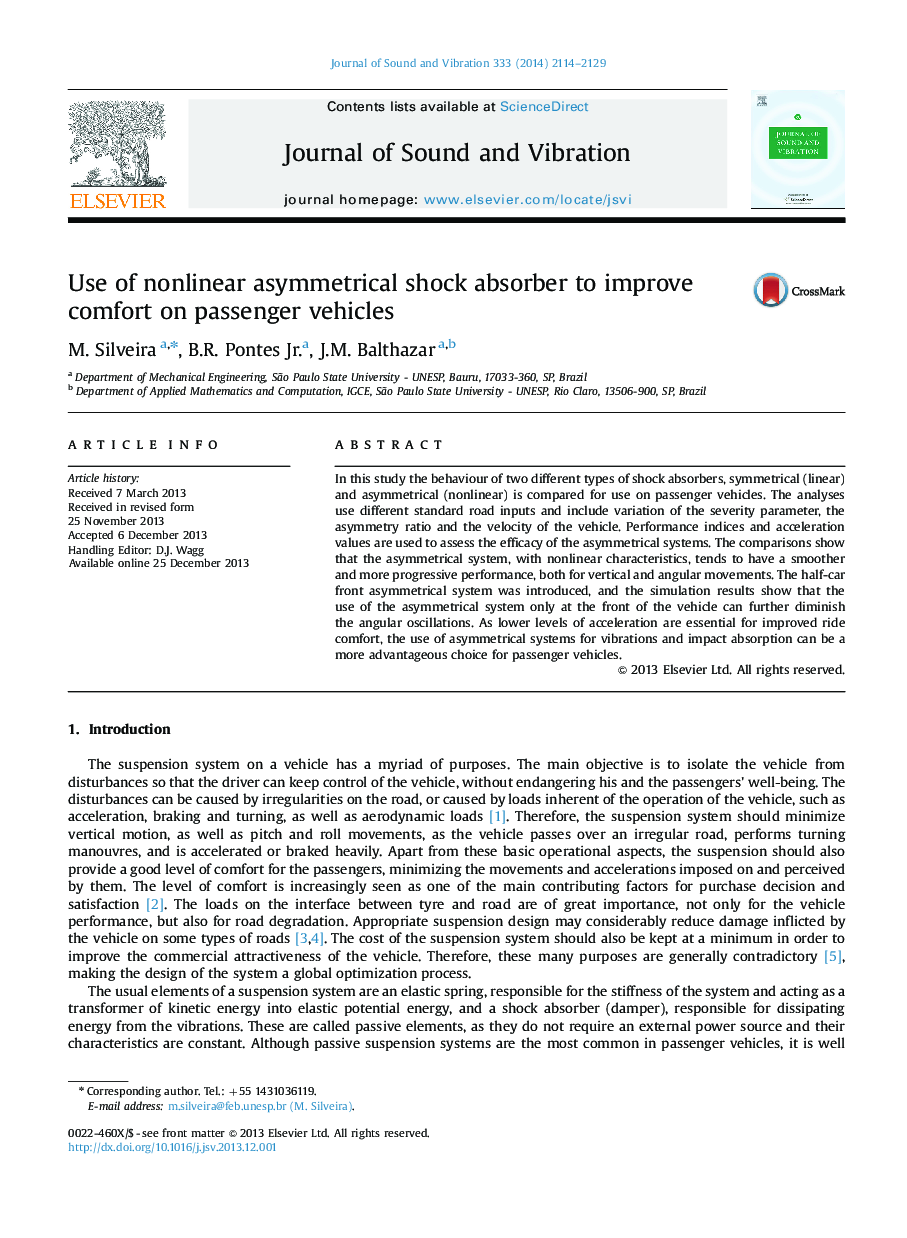 Use of nonlinear asymmetrical shock absorber to improve comfort on passenger vehicles