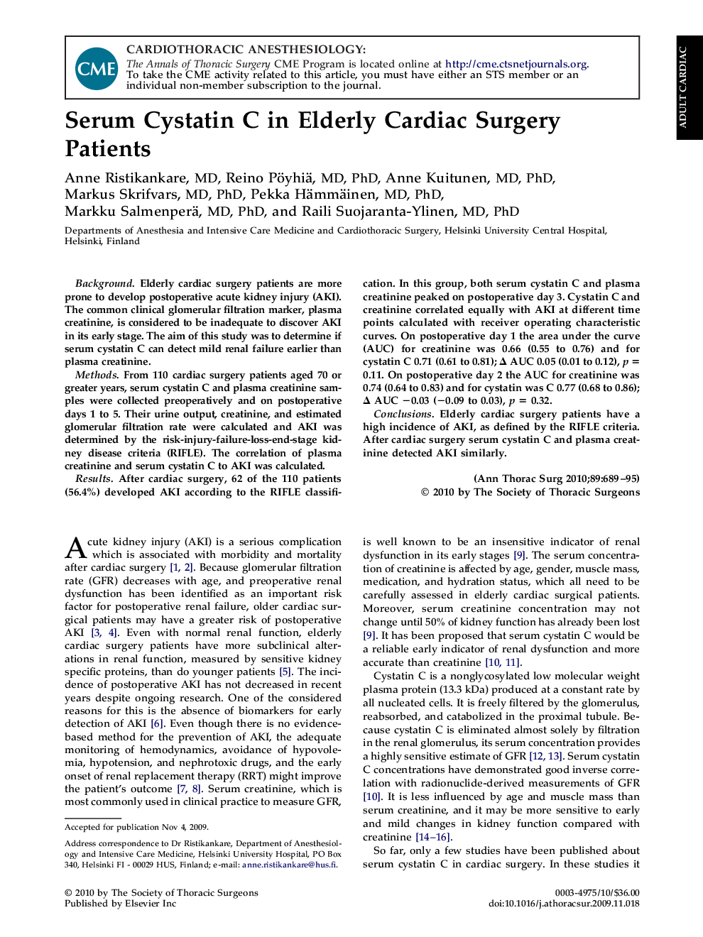 Serum Cystatin C in Elderly Cardiac Surgery Patients