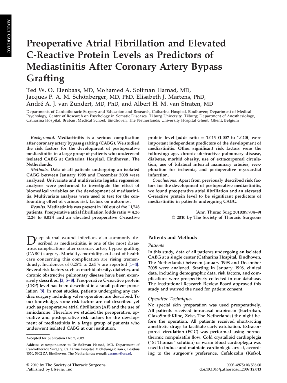 Preoperative Atrial Fibrillation and Elevated C-Reactive Protein Levels as Predictors of Mediastinitis After Coronary Artery Bypass Grafting