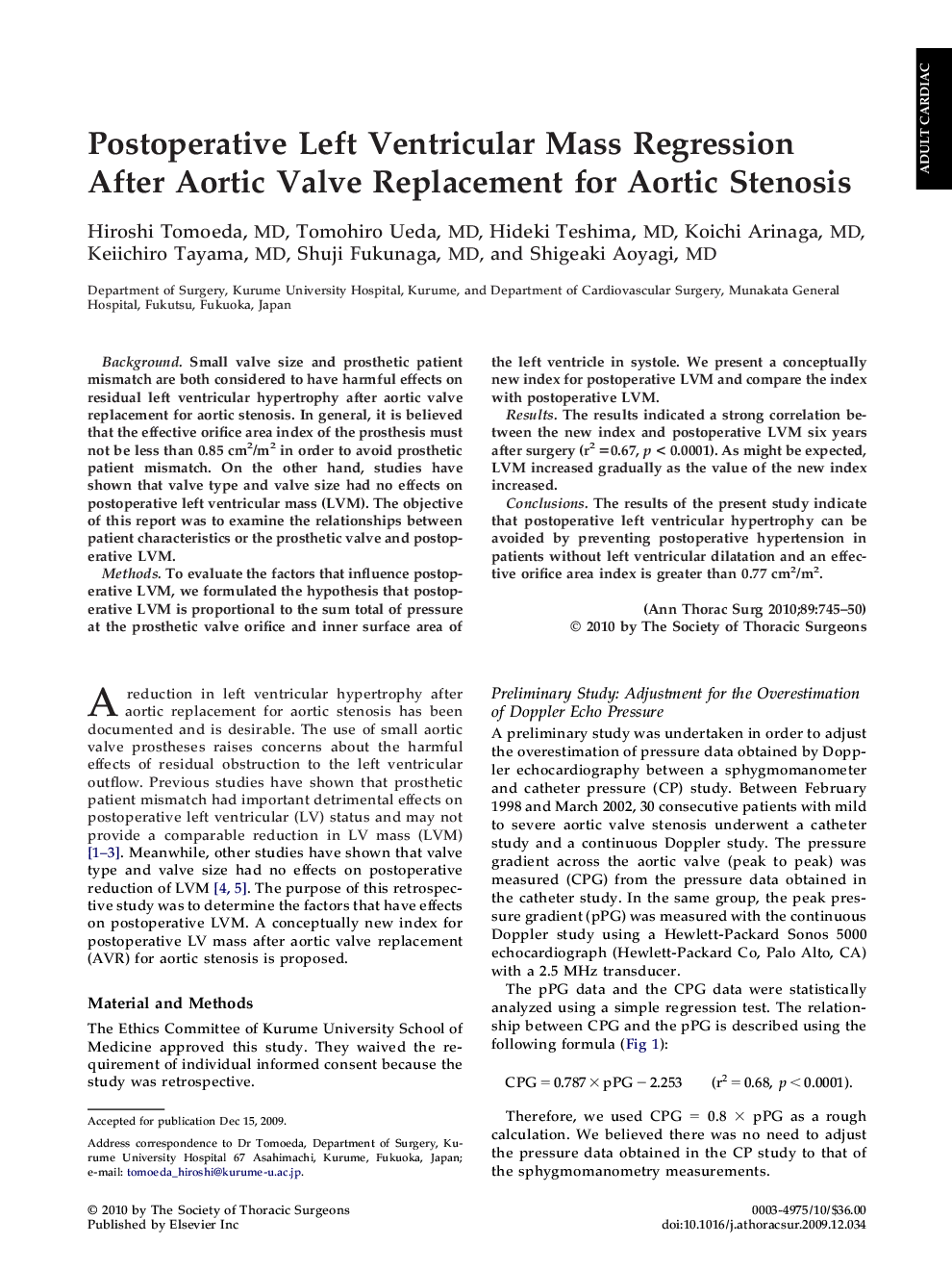 Postoperative Left Ventricular Mass Regression After Aortic Valve Replacement for Aortic Stenosis