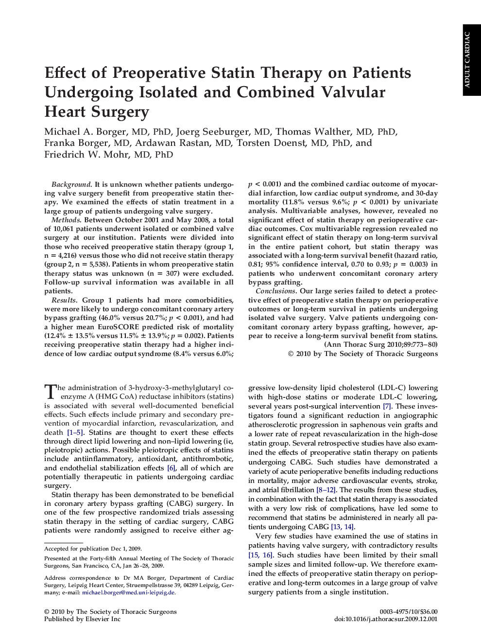 Effect of Preoperative Statin Therapy on Patients Undergoing Isolated and Combined Valvular Heart Surgery