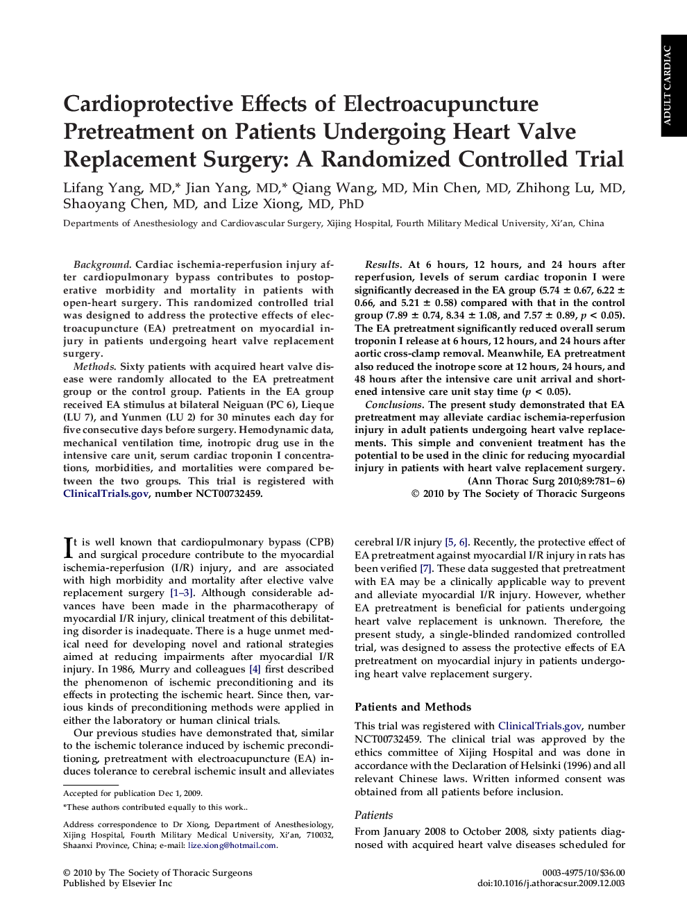 Cardioprotective Effects of Electroacupuncture Pretreatment on Patients Undergoing Heart Valve Replacement Surgery: A Randomized Controlled Trial