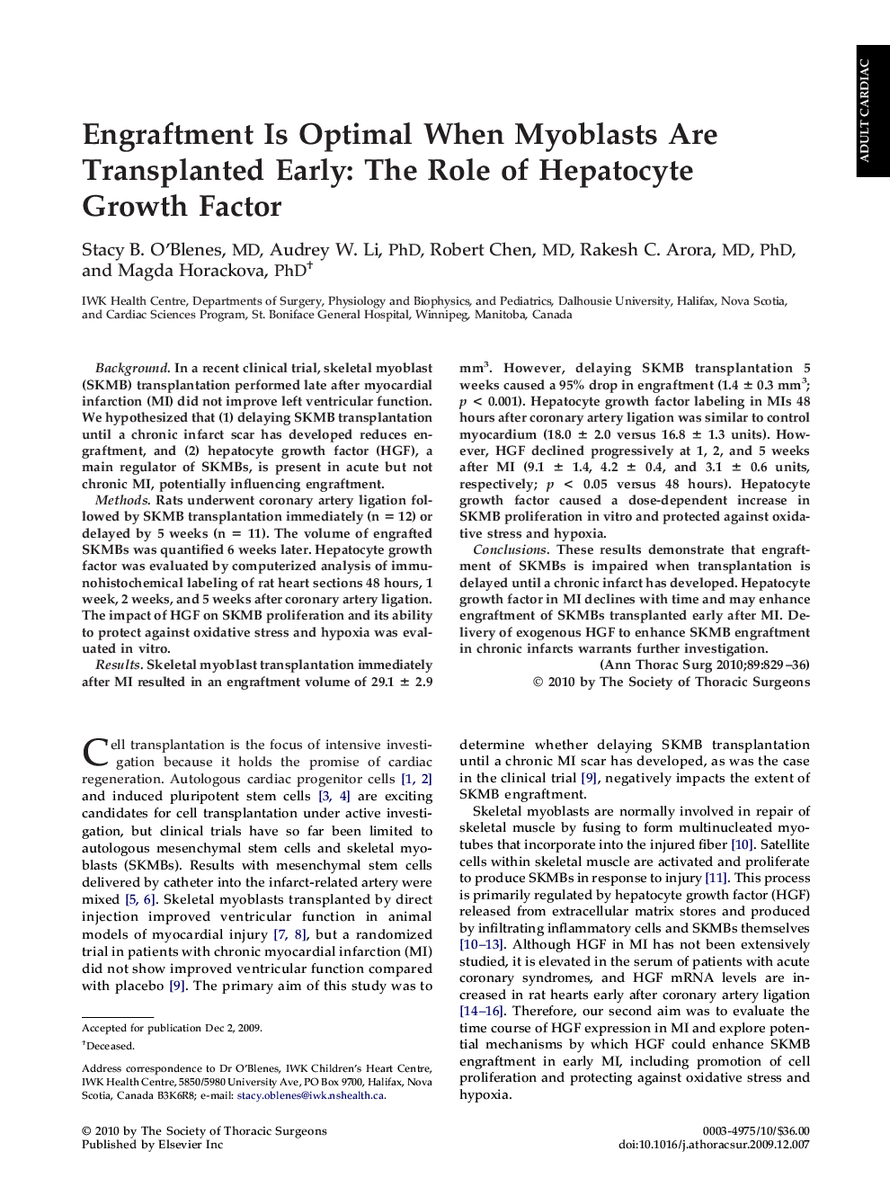عکس صفحه اول مقاله: Engraftment Is Optimal When Myoblasts Are Transplanted Early: The Role of Hepatocyte Growth Factor Engraftment Is Optimal When Myoblasts Are Transplanted Early: The Role of Hepatocyte Growth Factor