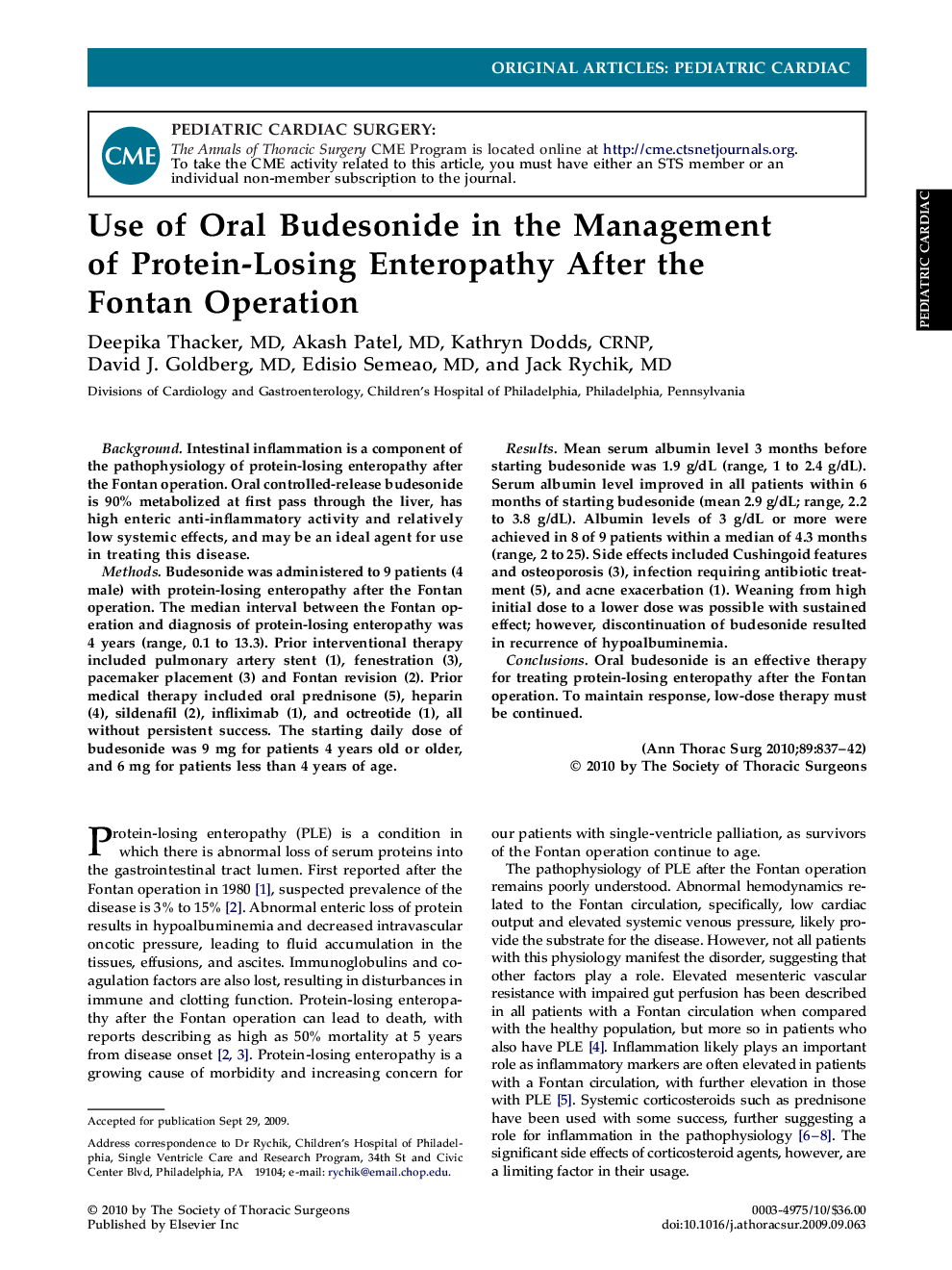 Use of Oral Budesonide in the Management of Protein-Losing Enteropathy After the Fontan Operation