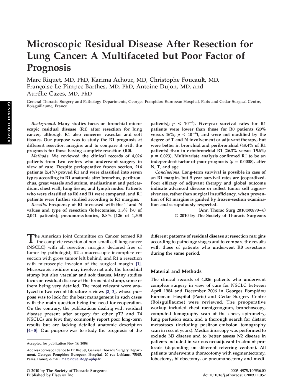Microscopic Residual Disease After Resection for Lung Cancer: A Multifaceted but Poor Factor of Prognosis